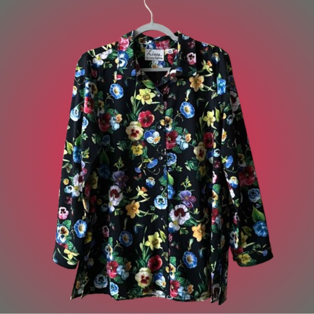 Vtg black floral Linea by Louis Dell’Olio button front shirt blouse whimsigoth